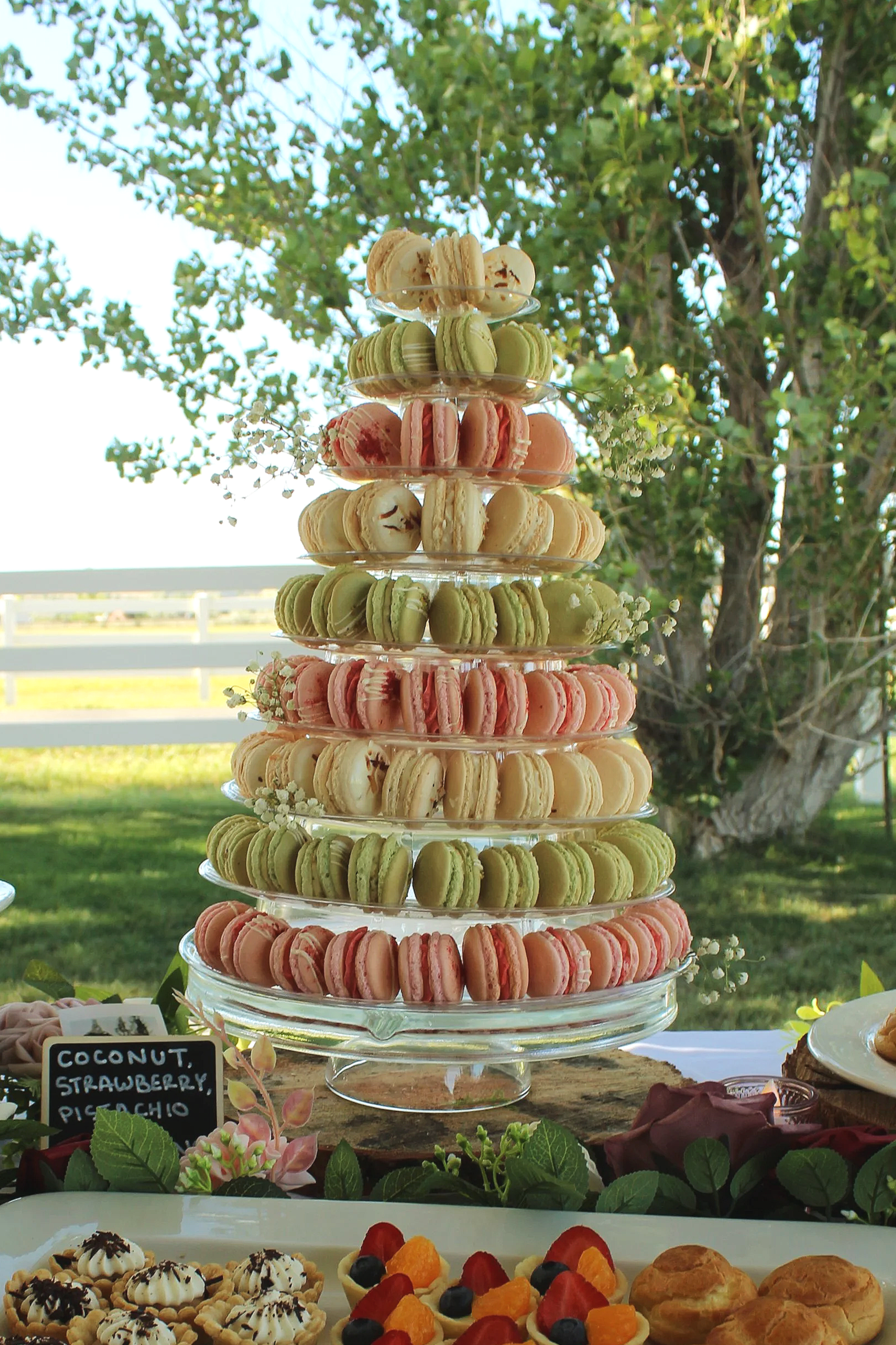 A multi-tiered stand with various colored macarons, pink and white desserts, and surrounded by flowers and greenery, used for a dessert display or celebration outdoors.