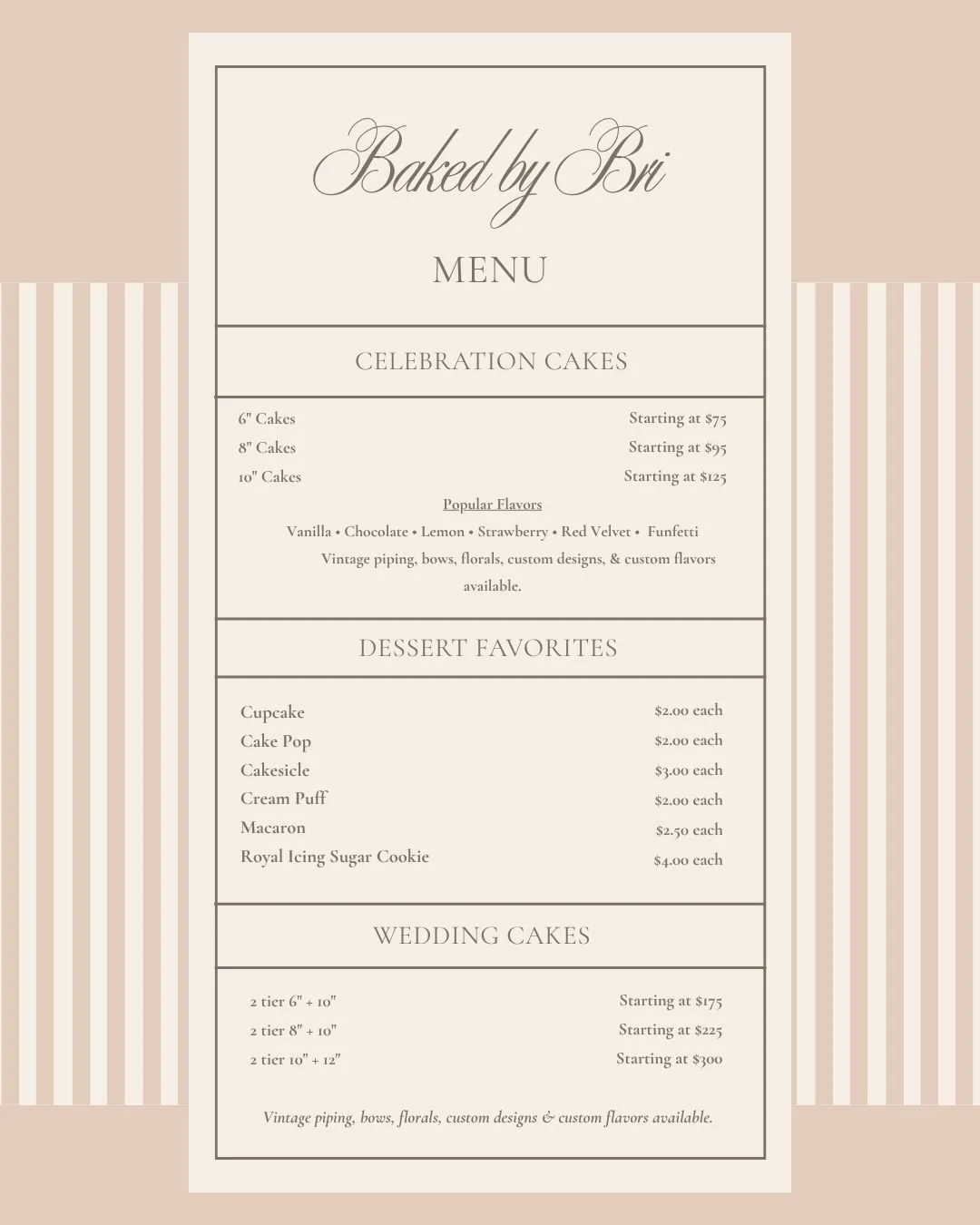 Menu for Baked by Bri featuring celebration cakes, dessert favorites, and wedding cakes with various sizes and prices.
