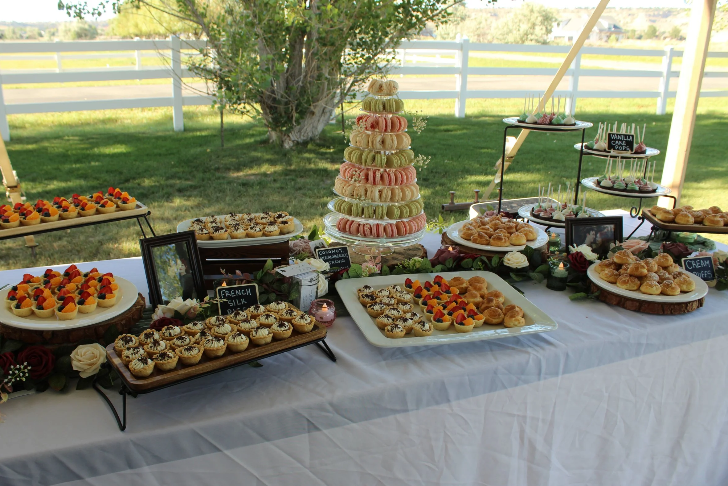 An outdoor dessert table with a variety of pastries and sweet treats, including macarons, fruit-topped tartlets, cream puffs, and cake pops, arranged on different platters and stands with small decorative signs, set beneath a tent with a grassy field and white fence in the background.
