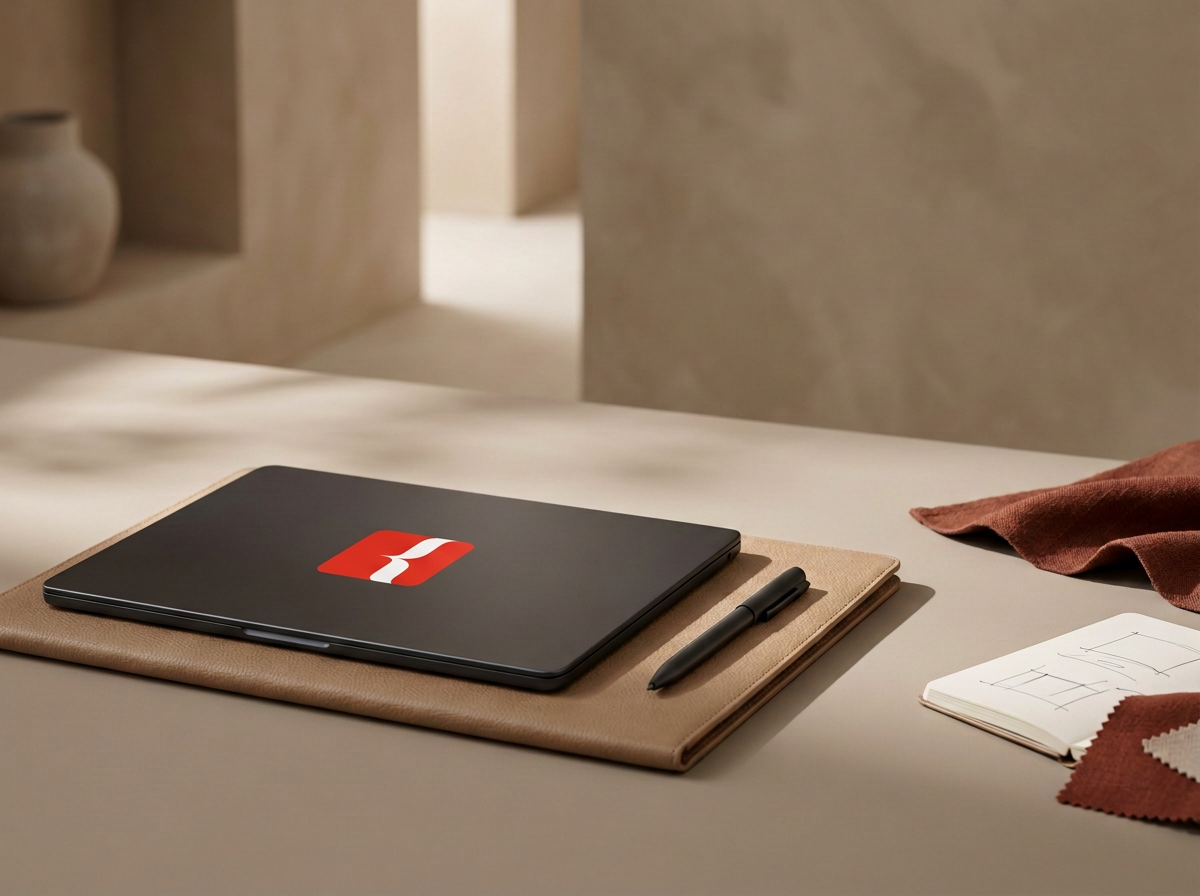 A desk with a closed black laptop featuring a red and white logo, a black pen, a tan notebook, a burgundy cloth, and a small notebook with paper sketches, with pottery in the background.