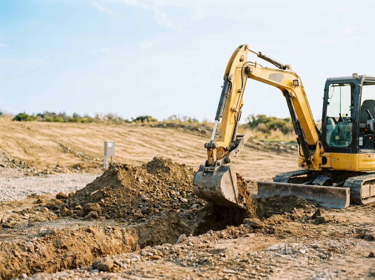 A yellow compact excavator digging a trench on a construction site with a clear sky and open field in the background.