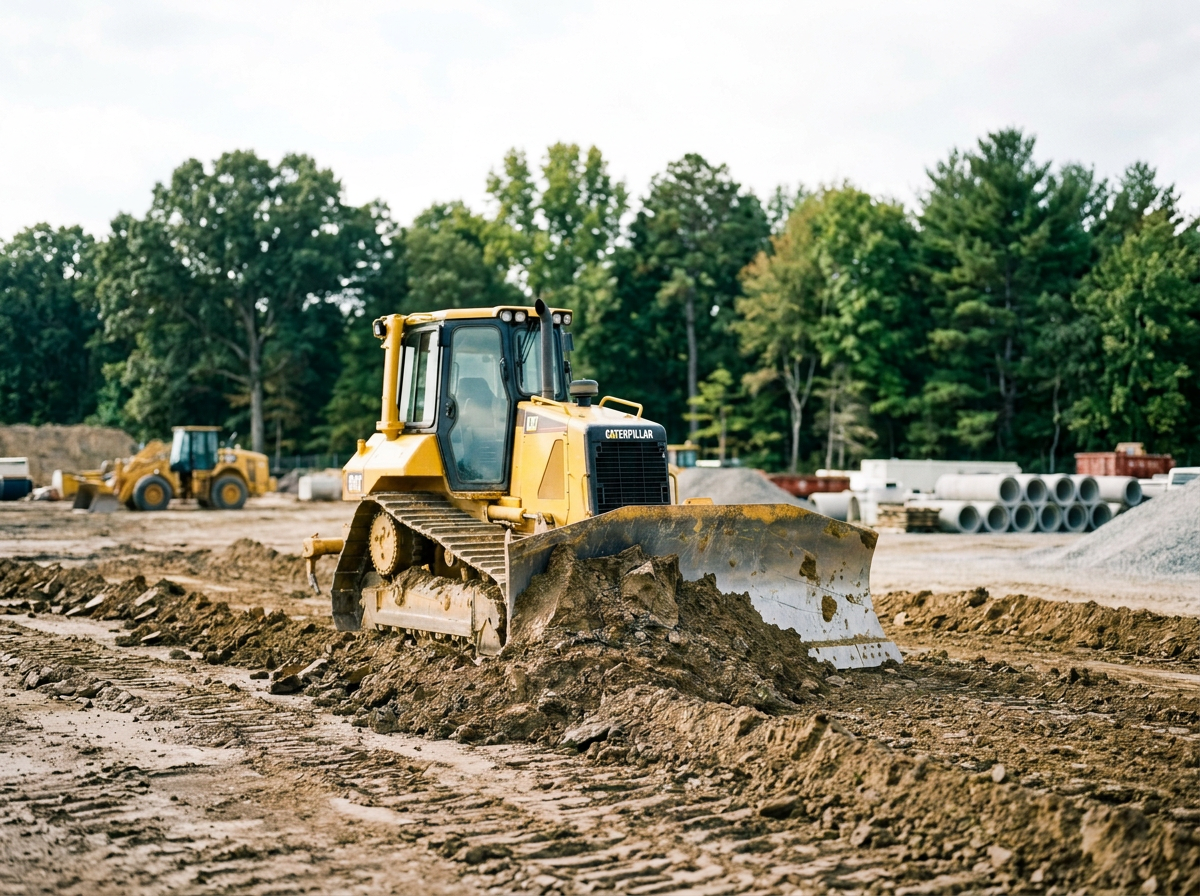 A yellow Caterpillar bulldozer moving dirt on a construction site, with another bulldozer in the background and large concrete pipes stacked nearby, surrounded by trees.