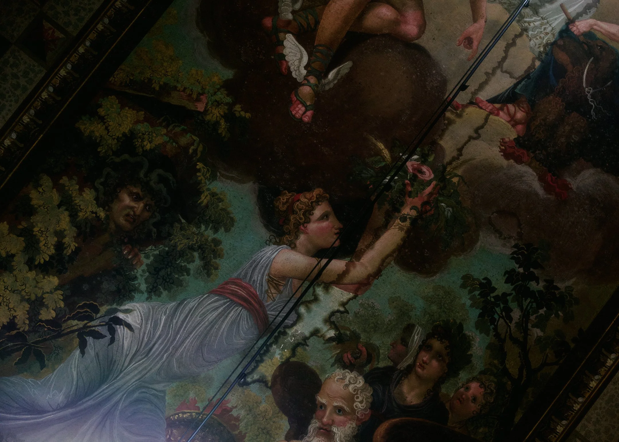 Painted ceiling fresco in a historic townhouse near Barcelona, interior detail of the wedding location.