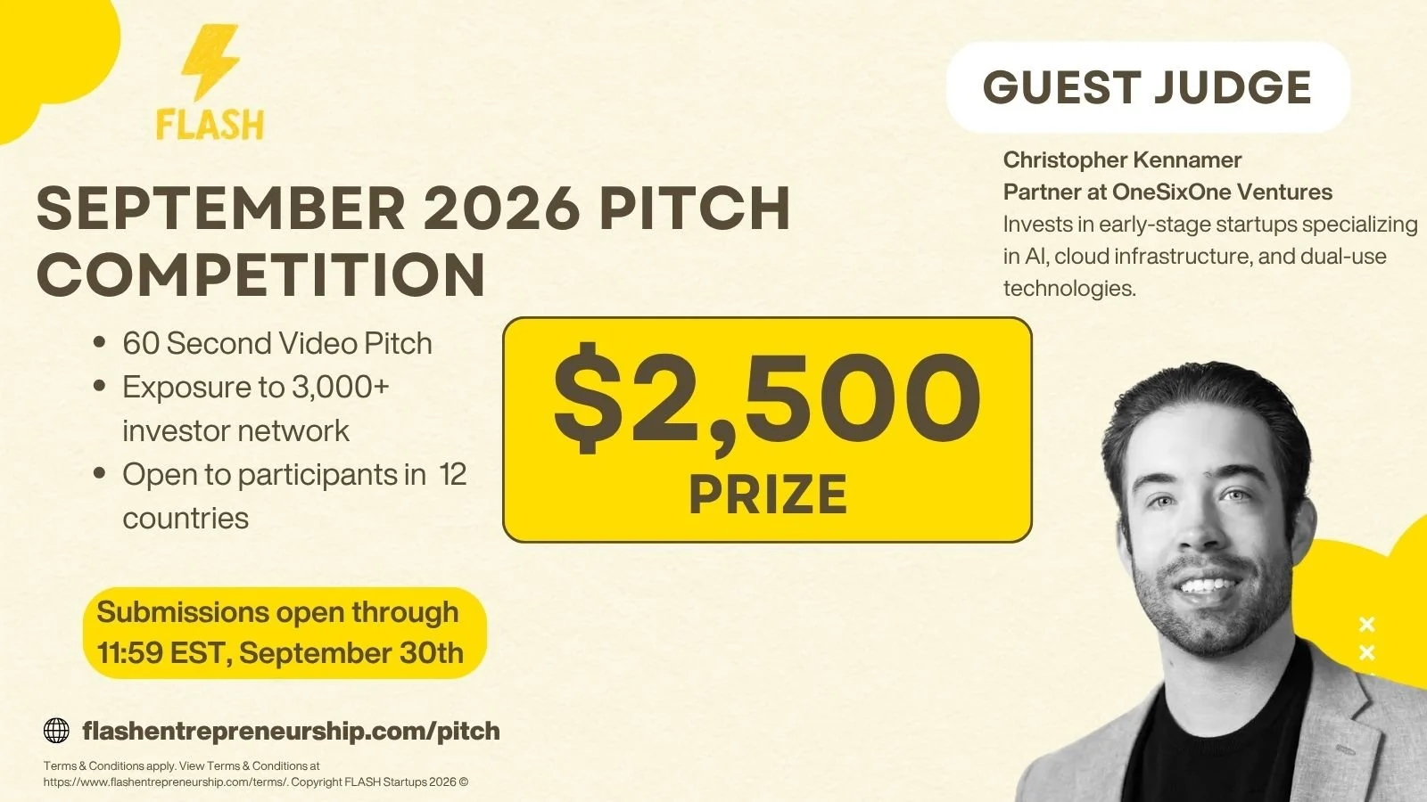 Flyer for the September 2026 Pitch Competition showcasing a 60-second video pitch contest with a $2,500 prize. Contains competition details, eligibility, submission deadline, and a partial portrait of a man in a gray blazer.