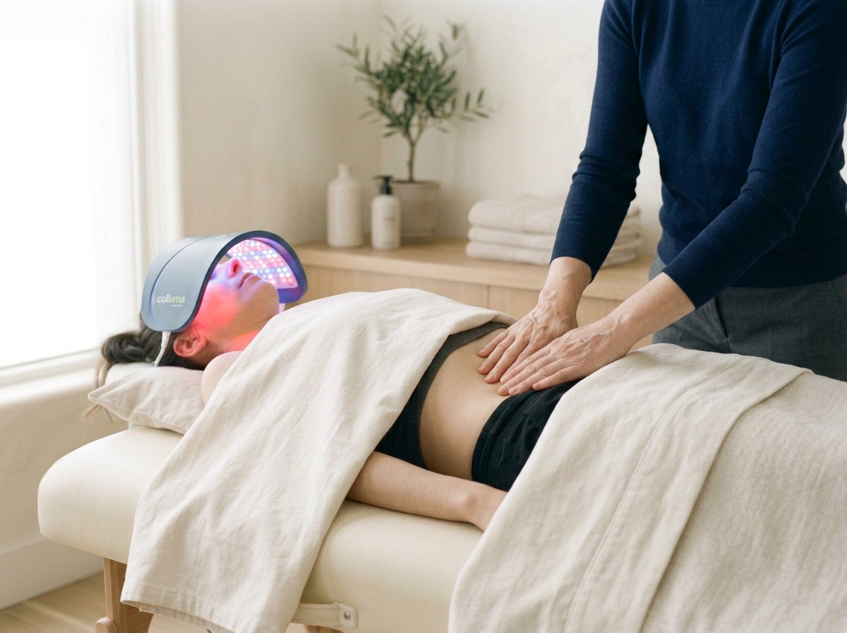 Person receiving a LED light therapy treatment on their face and lymphatic drainage massage on their abdomen at a wellness clinic.