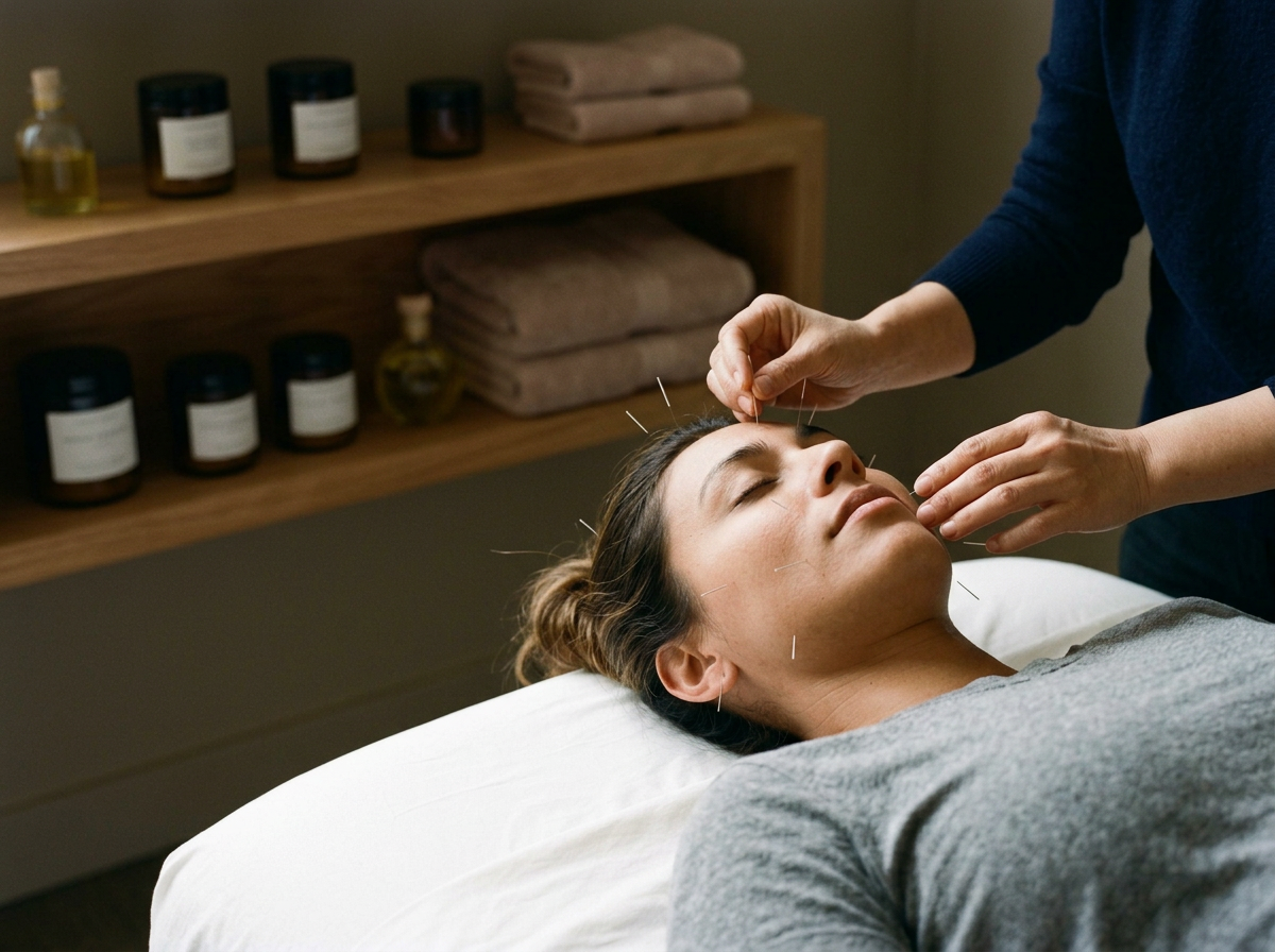 Woman lying on a massage table with acupuncture needles inserted in her face while a practitioner adjusts them.
