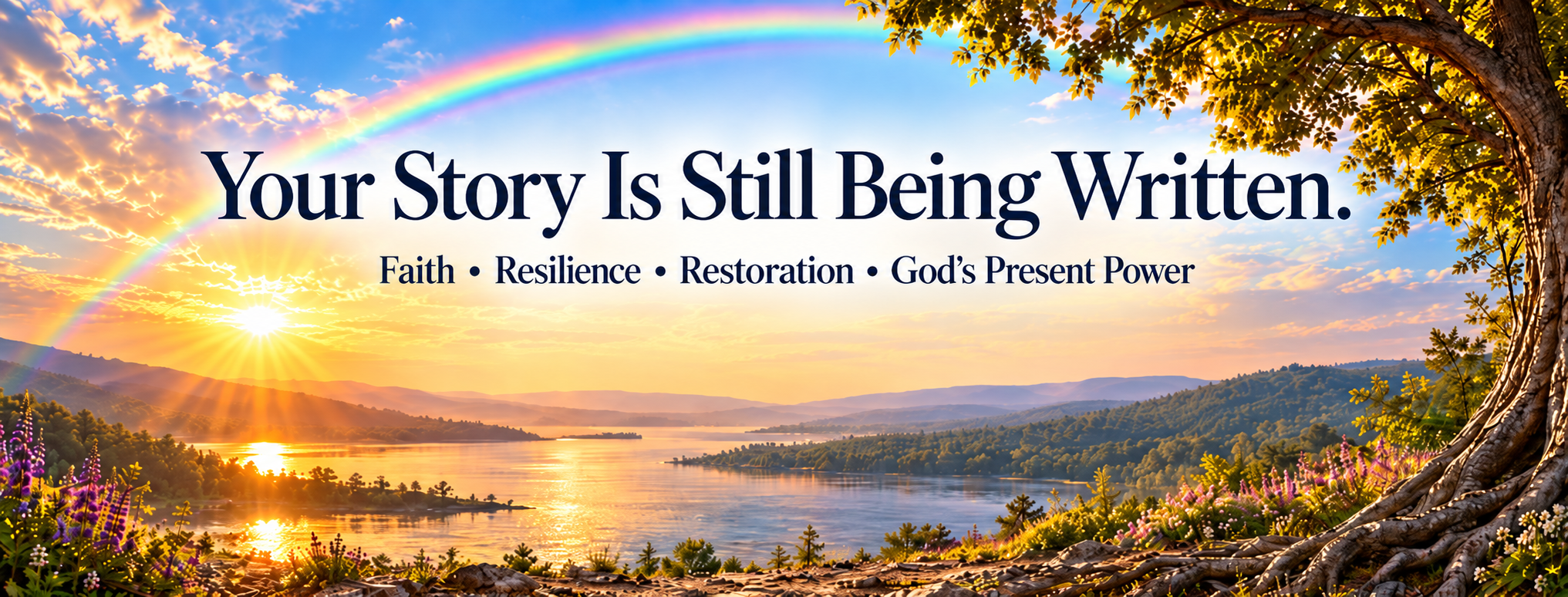 Sunrise over mountains and water with the words, “Your Story Is Still Being Written. Faith • Resilience • Restoration • God’s Present Power.”