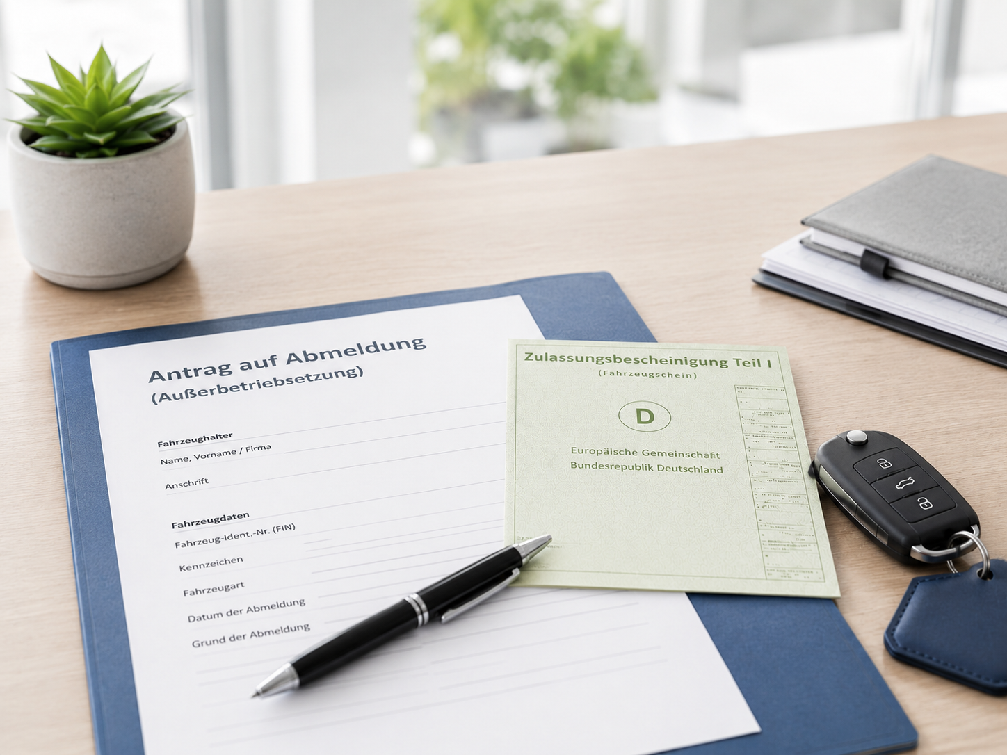 Unterlagen für die Abmeldung eines Fahrzeugs mit Fahrzeugschlüssel und Dokumenten.
