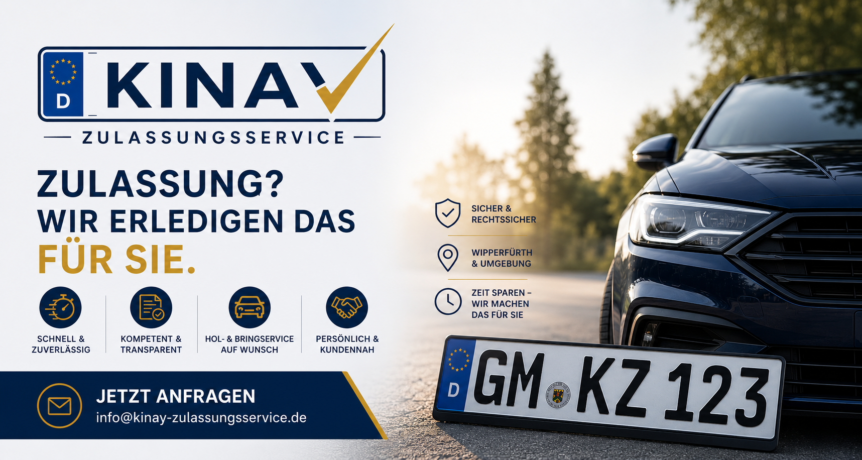 Werbegrafik von Kinay Zulassungsservice mit Fahrzeug und Hinweis auf Kfz-Zulassungsservice in Wipperfürth.
