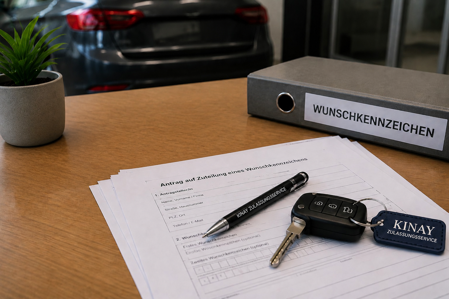 Unterlagen und Fahrzeugschlüssel zum Thema Wunschkennzeichen beim Kinay Zulassungsservice.