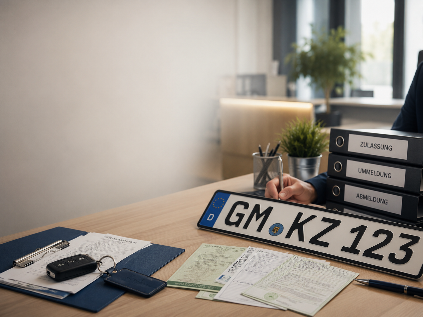 Schreibtisch mit Kfz-Unterlagen und Ordner für Zulassung, Ummeldung und Abmeldung.