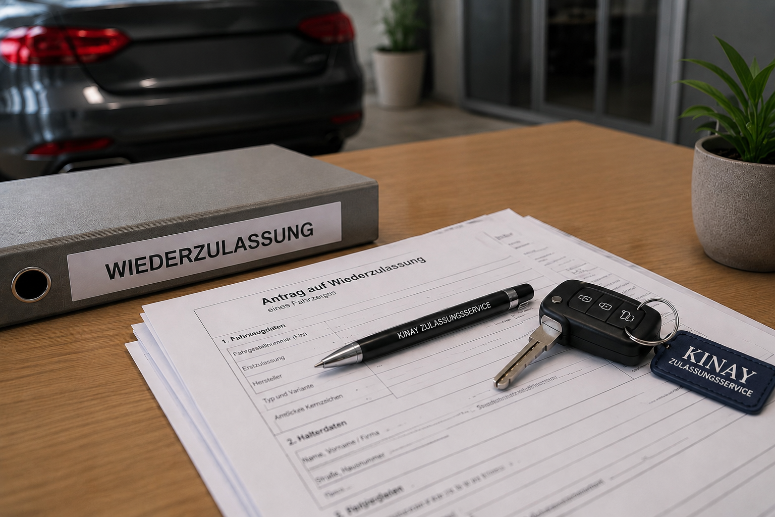 Unterlagen für eine Kfz-Wiederzulassung mit Fahrzeugschlüssel und Dokumentenmappe.
