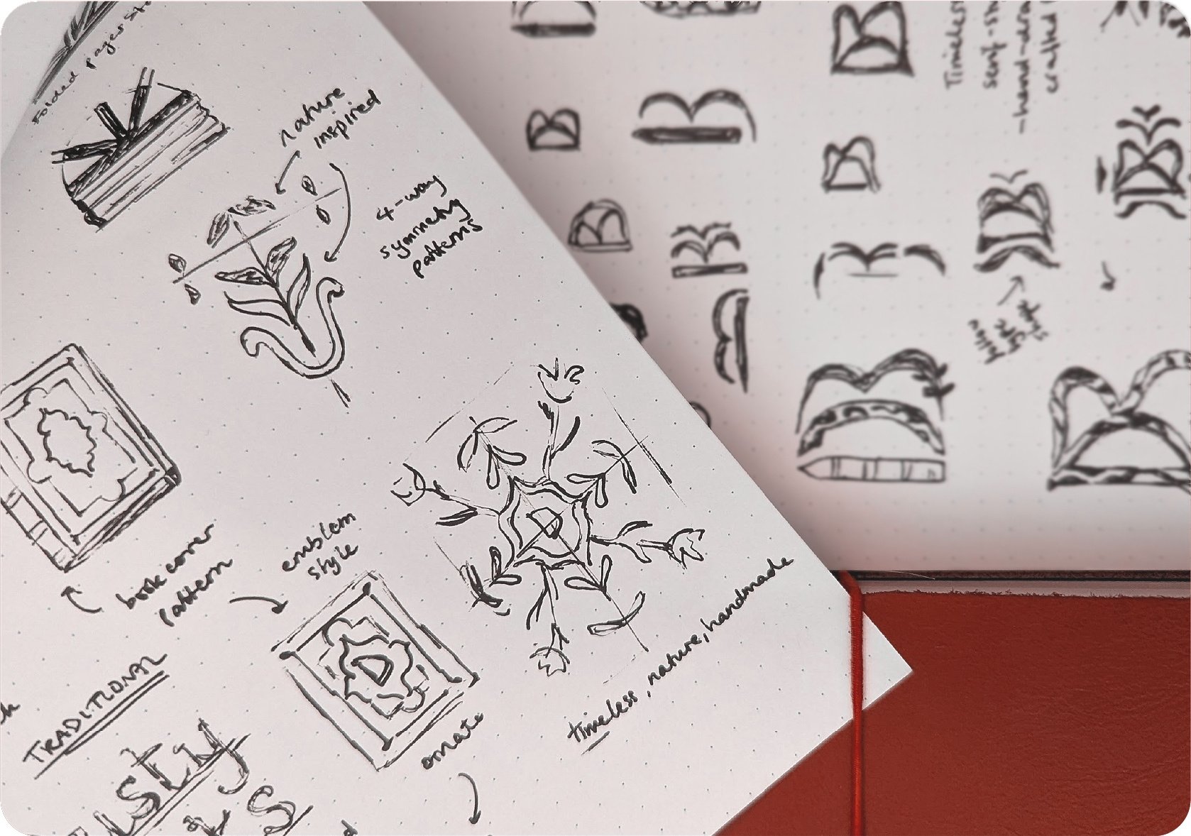 Hand-drawn notes and sketches on white paper, including plan views of decorative frames, an ornamental design of a swan, a potted plant, and labeled notes such as 'aurea inspired,' '4-way summery patterns,' and 'timeless, nature handmade.' A partial view of another sheet with stylized decorative patterns or alphabet letters is visible in the background.