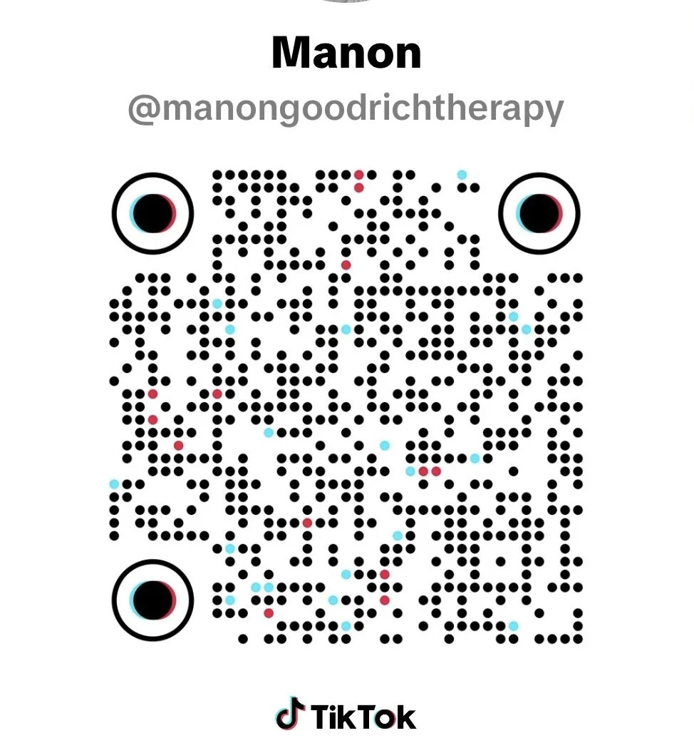A TikTok QR code with the name 'Manon' and the handle '@manongoodrichtherapy' at the top.