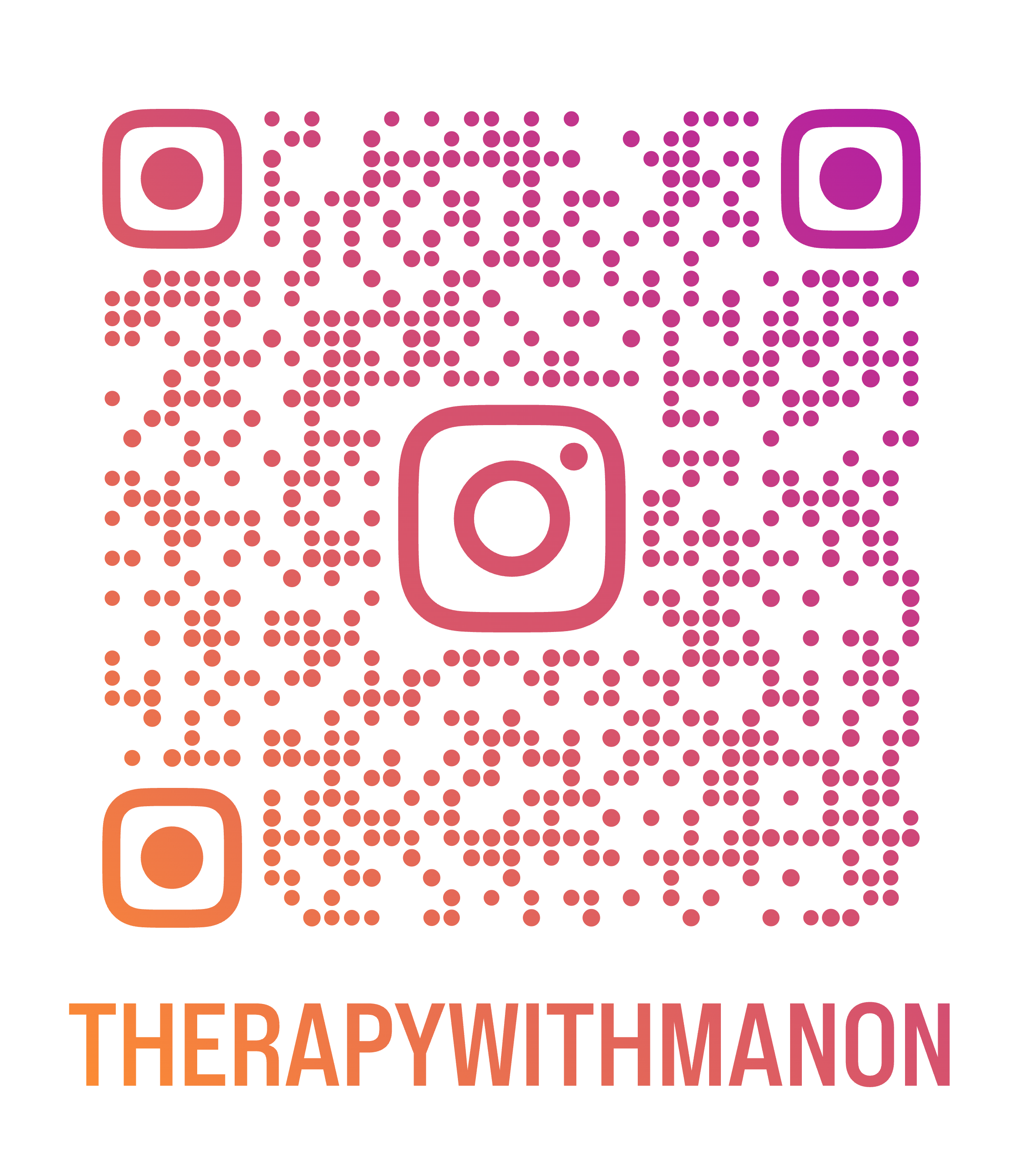 QR code for instagram with pink and purple dots and orange accents, beneath text reading 'THERAPYWITHMANON' in orange.