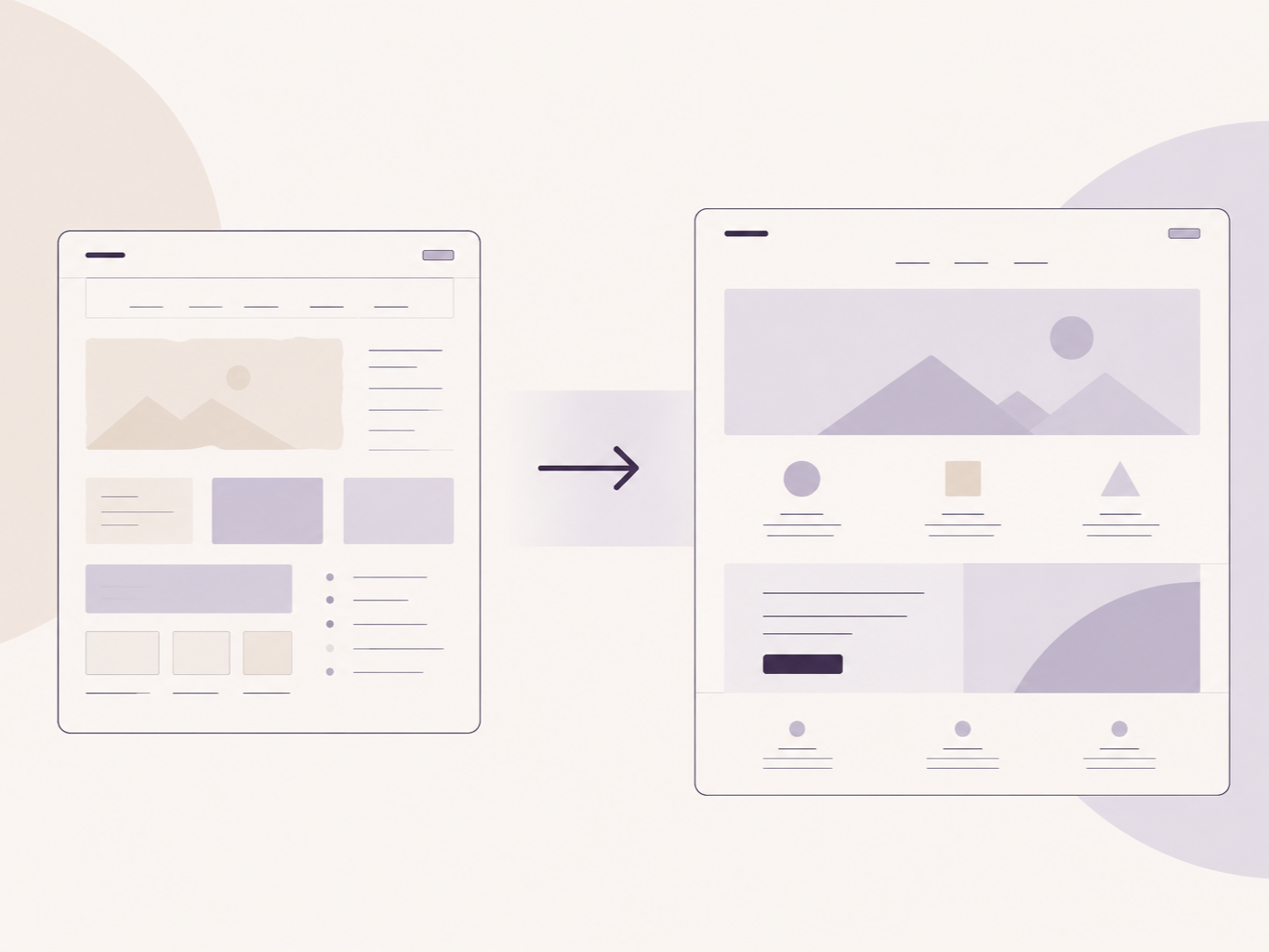 Schriftzug mit zwei smartphone-screens, die eine Website-Dashboard-Layout darstellen, mit Pfeil dazwischen, der den Mehrere-Benutzer- oder Website-Redesign-Prozess symbolisiert.