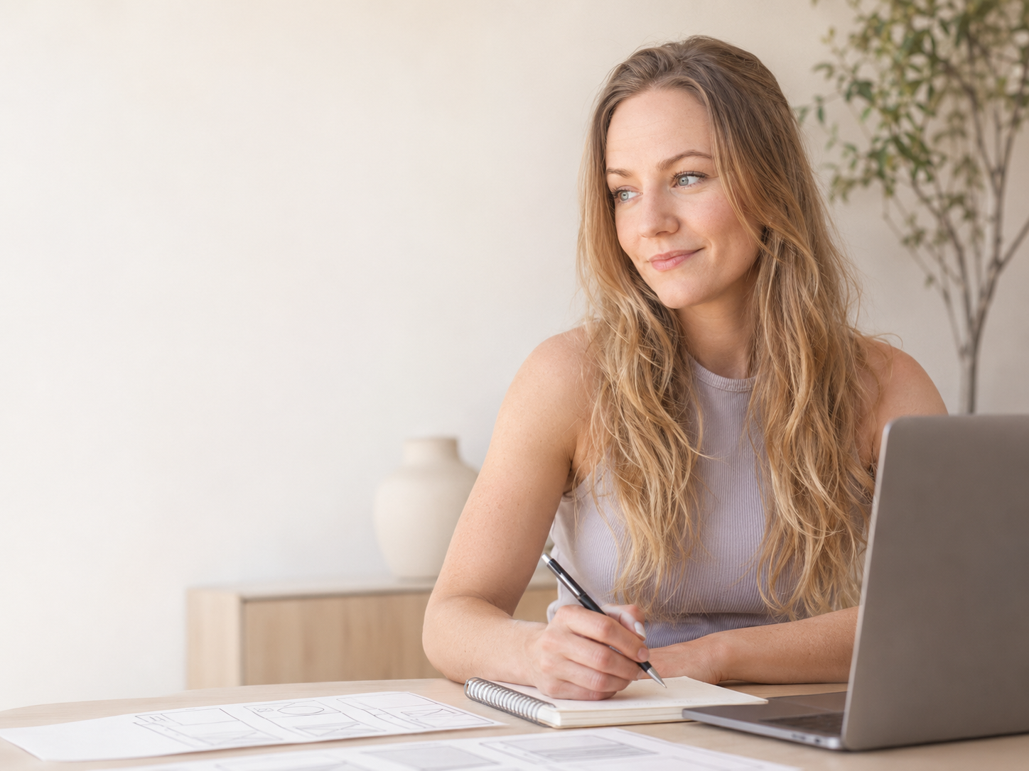 Nahaufnahme einer lachenden Frau mit langen gewellten Haaren, die bei der Arbeit an einem Schreibtisch sitzt, mit einem Laptop, einem Notizbuch. Sie macht ein UX Konzept um eine Website zu erstellen für Selbstständige.