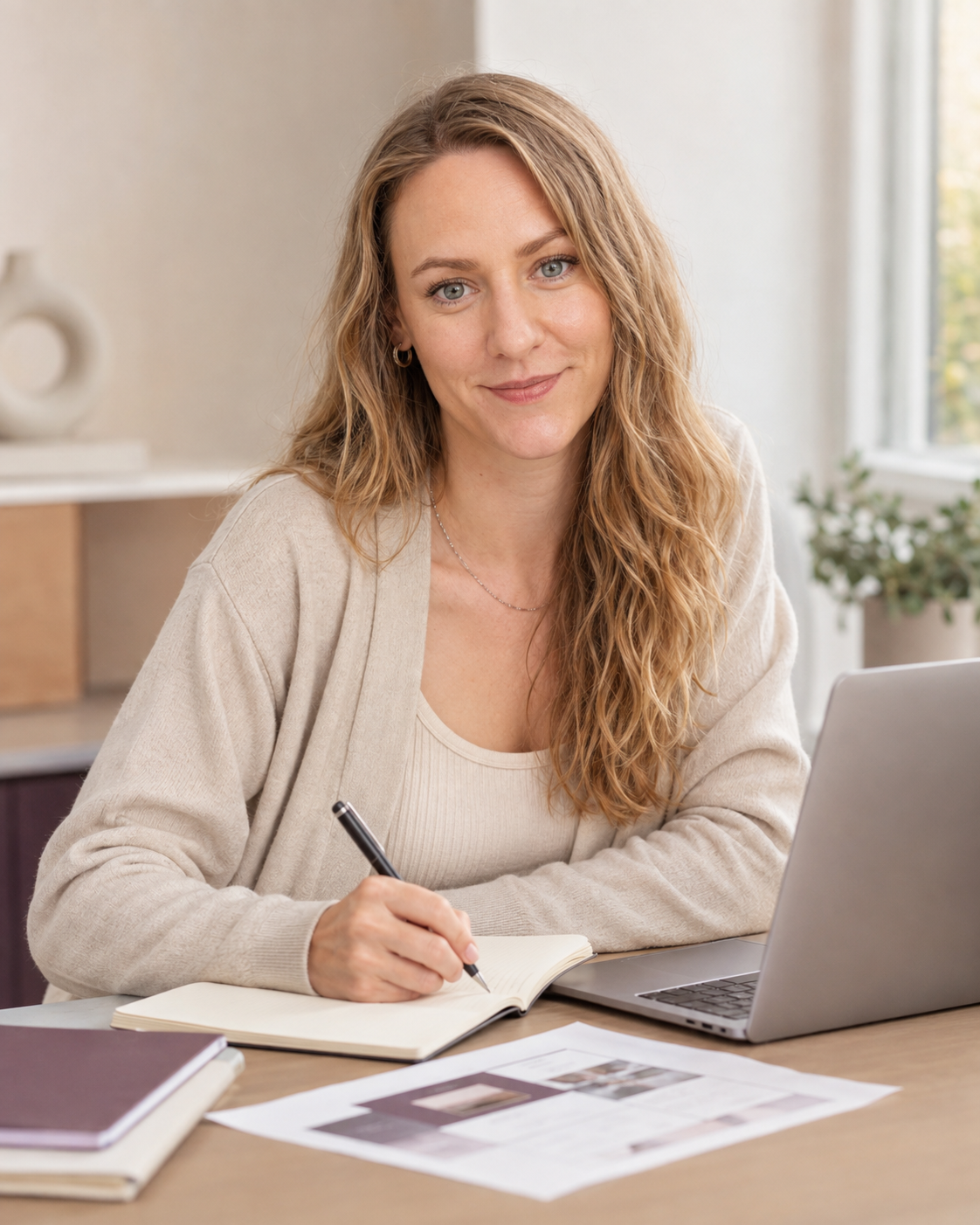 Eine Frau mit mittellangen, lockigen, hellblonden Haaren sitzt an einem Schreibtisch, schreibt in ein Notizbuch, und hat einen Laptop sowie Papiere und Bücher vor sich. Sie lächelt freundlich im hell beleuchteten Raum mit Fenster im Hintergrund.