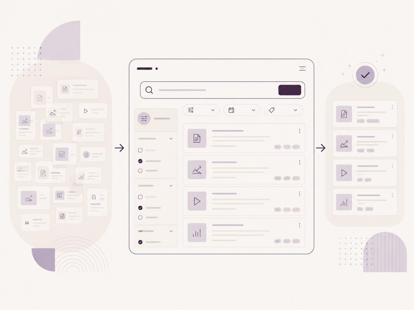 Eine digitale Benutzeroberfläche, die einen Workflow der Dokumentenverwaltung zeigt, inklusive Suche, Filteroptionen, Dokumentenliste und Statusindikatoren in einem hellen, minimalistischen Design mit Graustufen.