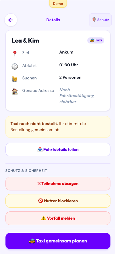 Warteansicht nach einer Anfrage für eine gemeinsame Taxifahrt