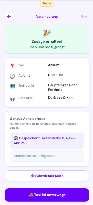 Bestätigte Vereinbarung mit Treffpunkt und Abholdetails für die gemeinsame Heimfahrt