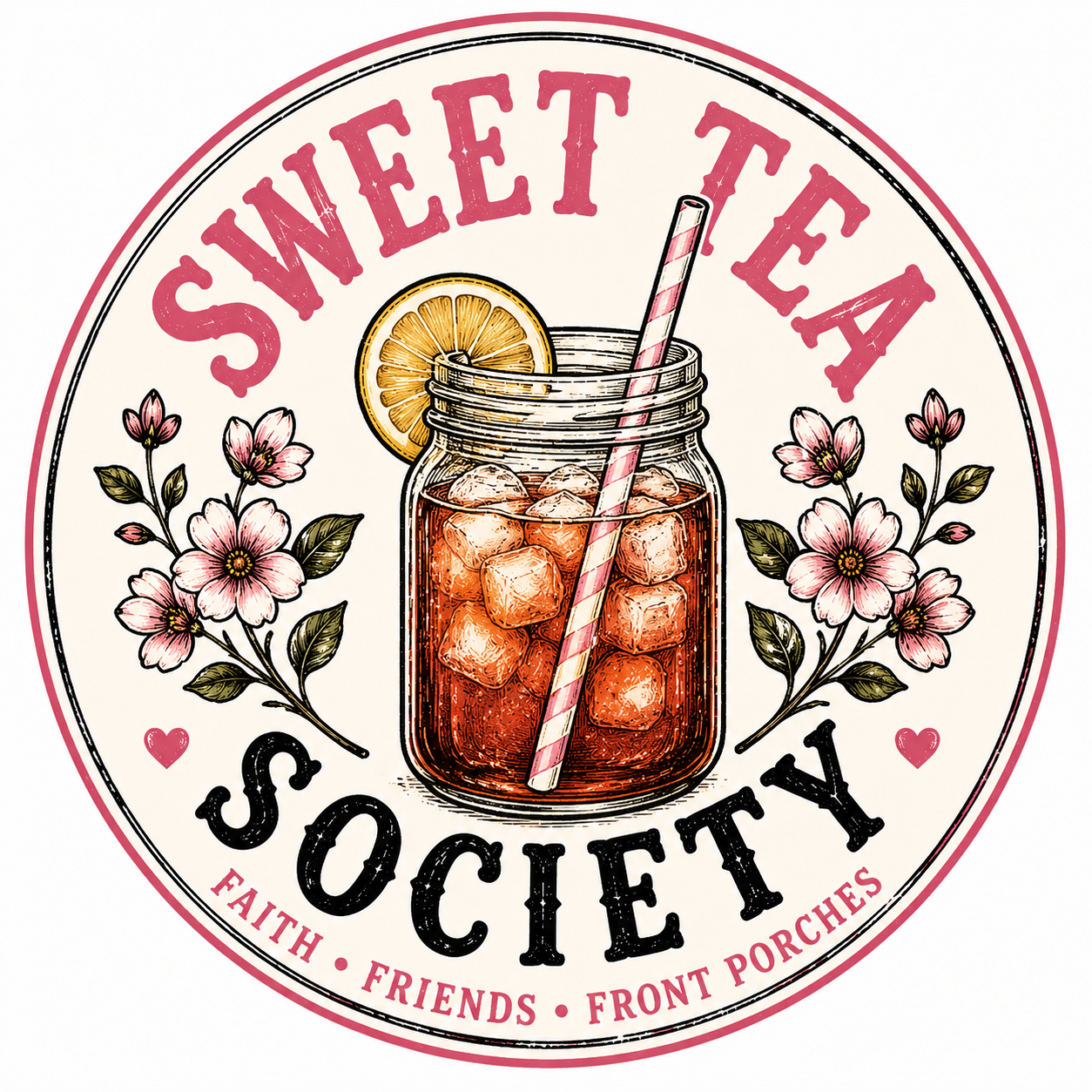 A circular emblem with a jar of iced tea, a lemon slice, a striped straw, and pink flowers, with the text 'Sweet Tea Society' and additional words 'Faith, Friends, Front Porches'.