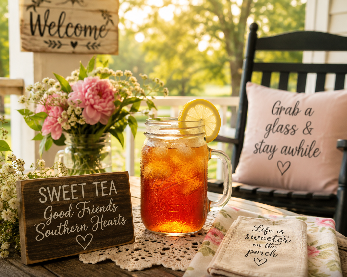 A table with a mason jar filled with iced tea and a lemon wedge, a small bouquet of pink and white flowers, a wooden sign that reads "Sweet tea good friends southern hearts," a pink pillow on a black chair that says "Grab a glass & stay awhile," a cloth that says "Life is sweeter on the porch," and a welcome sign in the background with trees and sunlight.