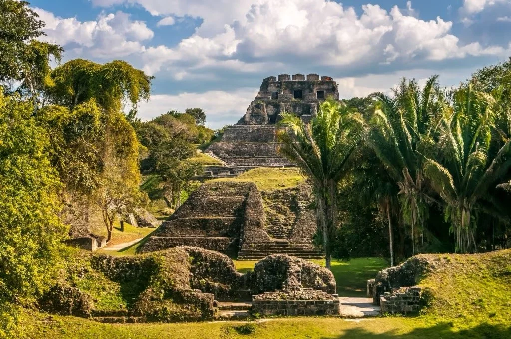 Ancient Mayan pyramid surrounded by lush green trees and palm trees, under a partly cloudy sky.