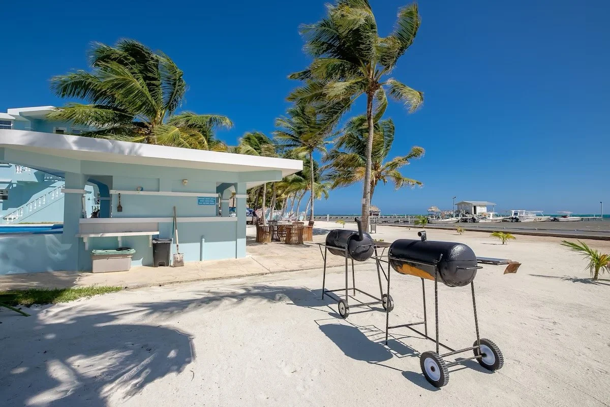 A beach scene with a light blue cabana, palm trees, and two black charcoal grills on wheels on white sand, with boats in the distance and blue sky