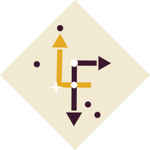 A vintage board game token with geometric shapes and arrows pointing in four directions, set on a diamond-shaped black background.