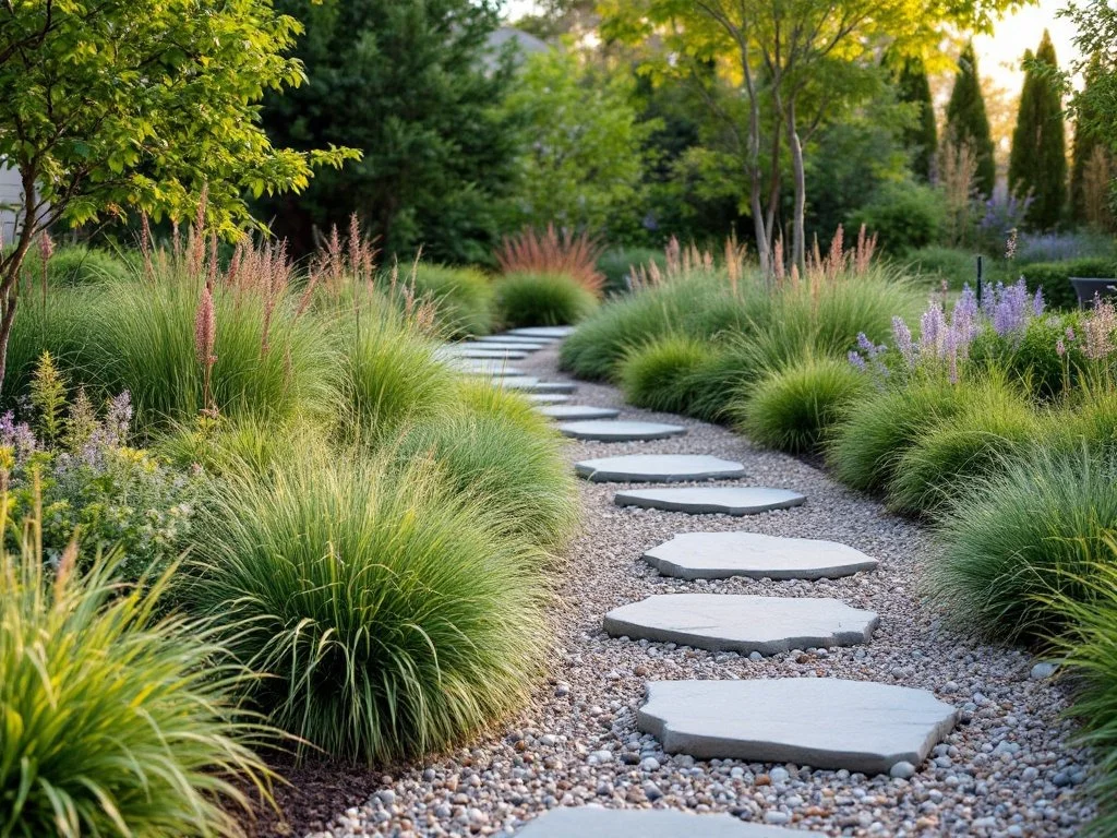A garden pathway with stepping stones winding through lush greenery and flowering plants, with trees and shrubs in the background.
