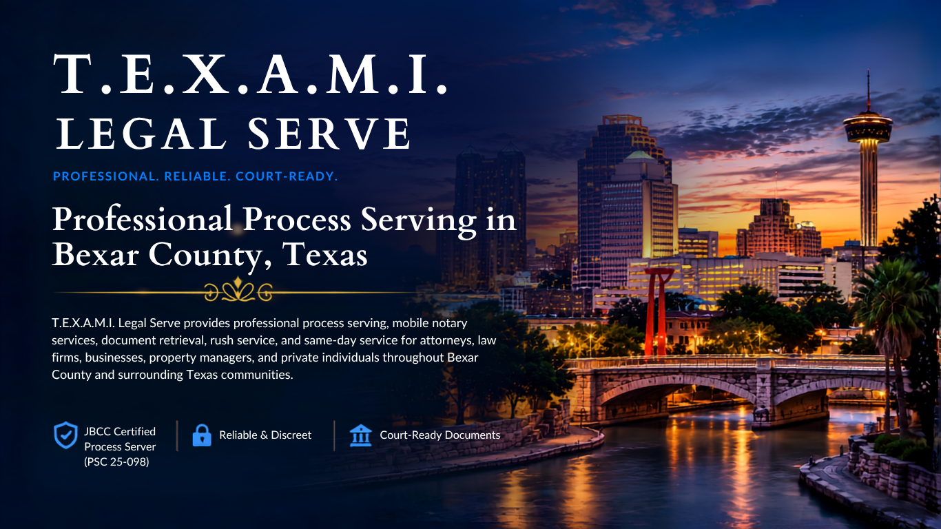Skyline of San Antonio, Texas at sunset with city buildings, river, and bridge, overlaid with text about T.E.X.A.M.I. Legal Serve, a legal service company serving Bexar County, Texas.