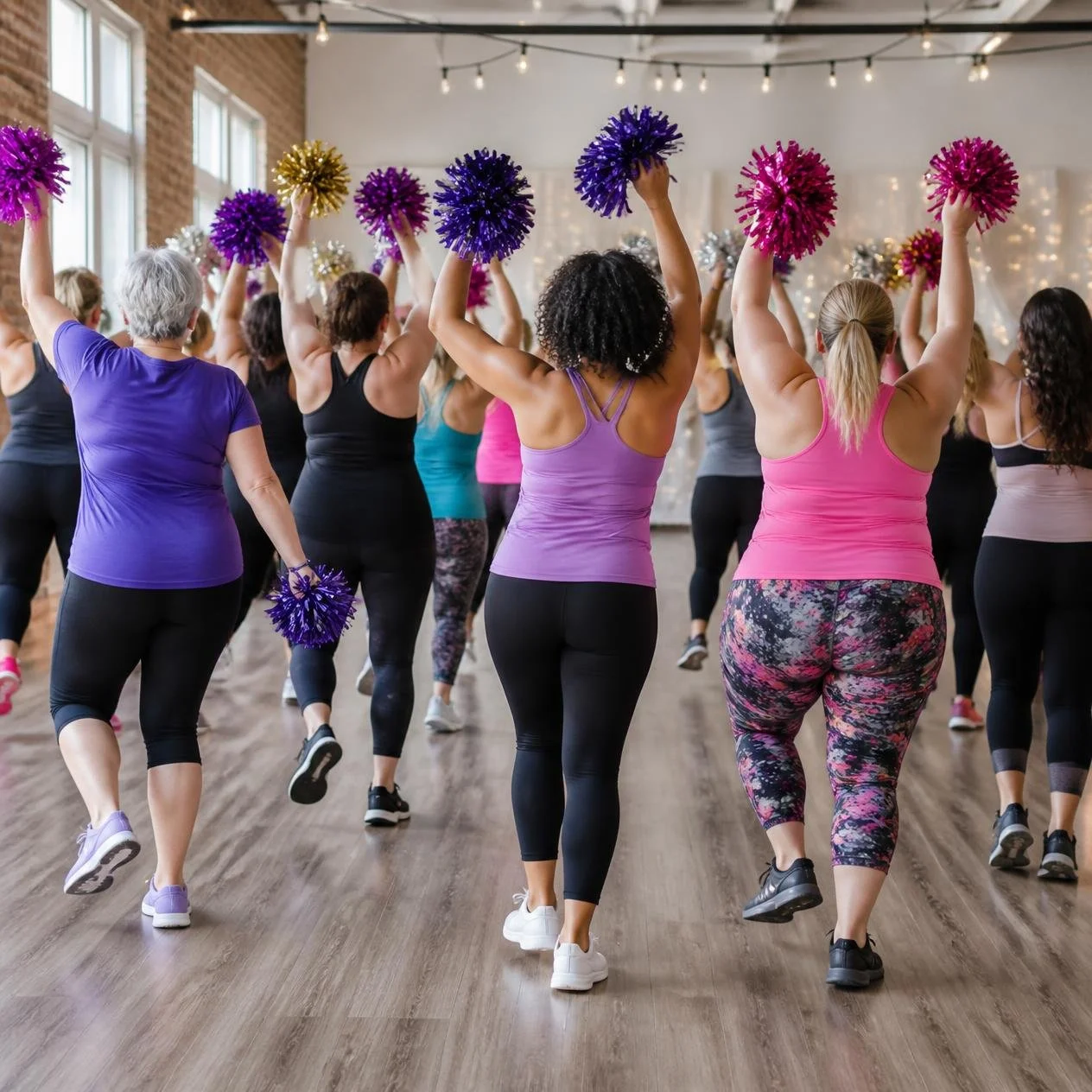 Group of women participating in a fitness dance class, holding purple and pink pom-poms, in a spacious studio with wooden floors and string lights.