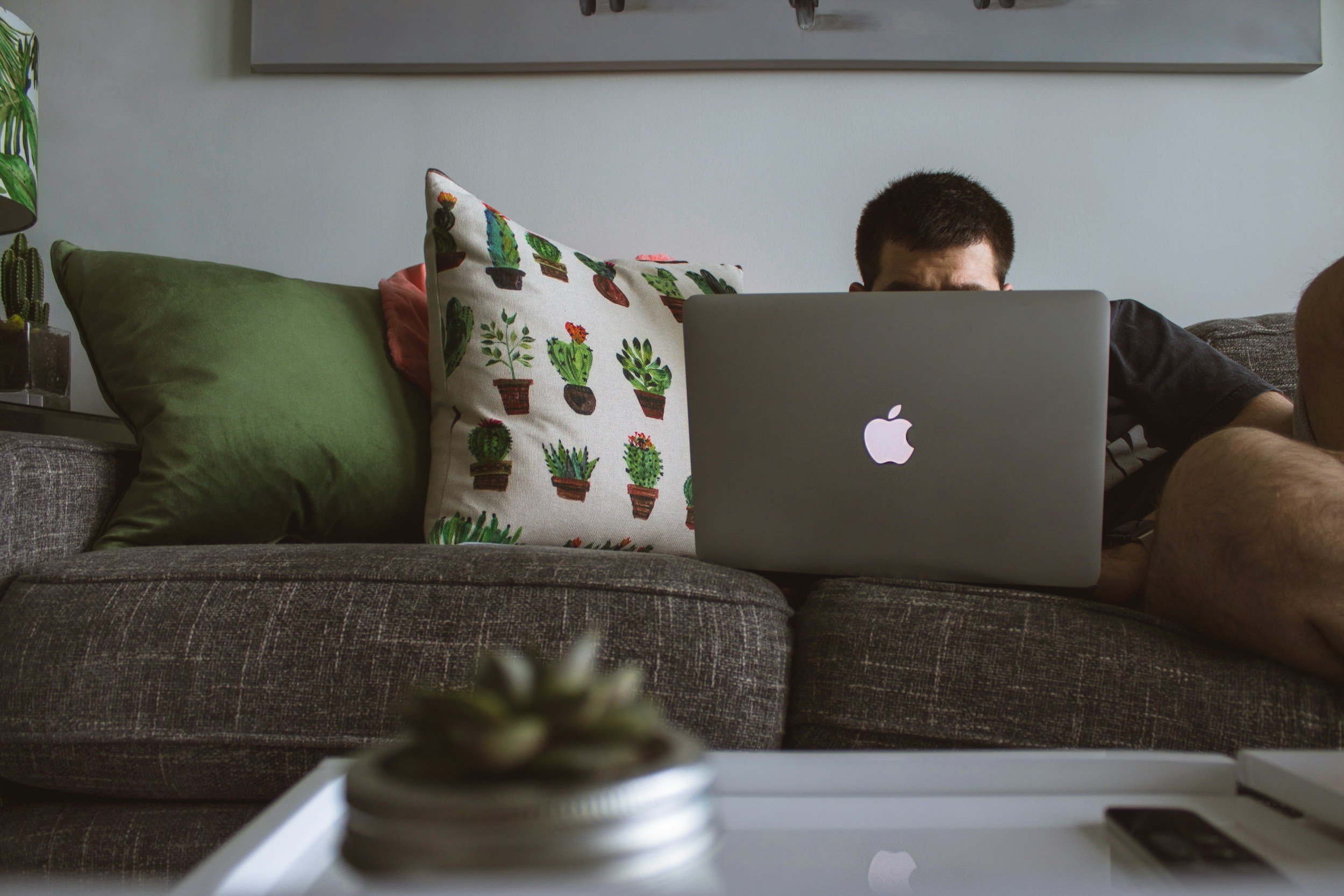 Person sitting on a couch, working on a laptop, decorated with cactus-themed pillows, in a living room with a gray wall and green pillows.