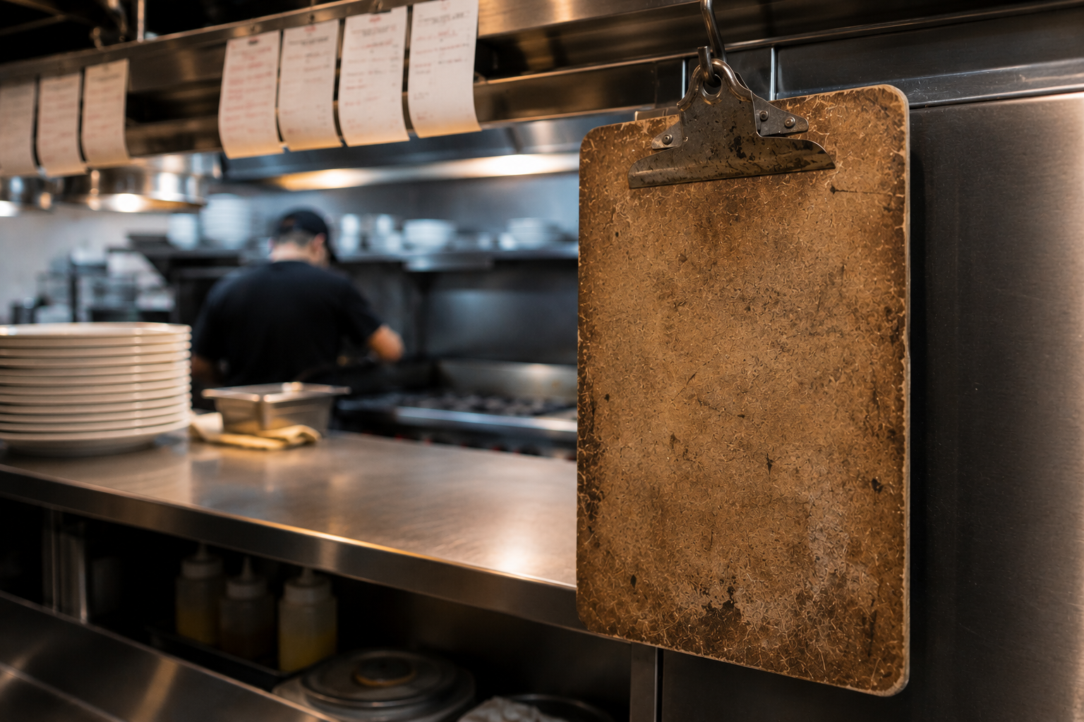 Rusty metal cutting board hanging in a restaurant kitchen with a chef working in the background.