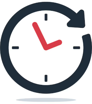Clock with a red hour hand and black minute hand showing approximately 3:00, enclosed in a stylized circular arrow.