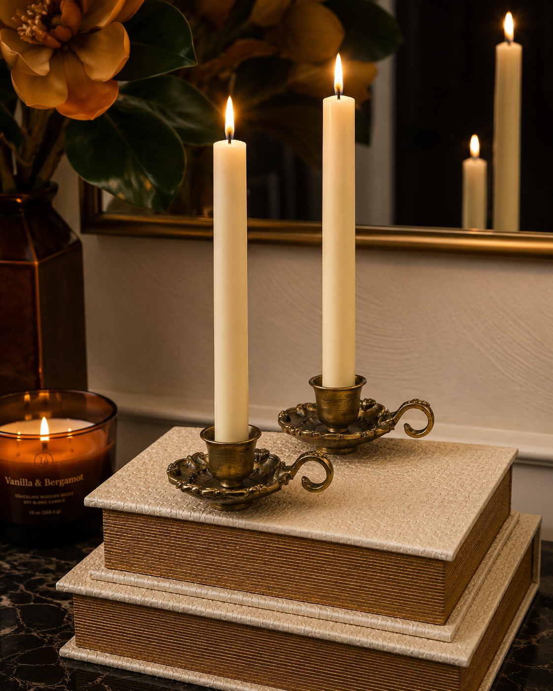 Vintage-Style Brass Taper Candleholders,
I love using small brass accents like these to bring warmth, character, and a collected feeling to a vignette.
Shop the candleholders →
