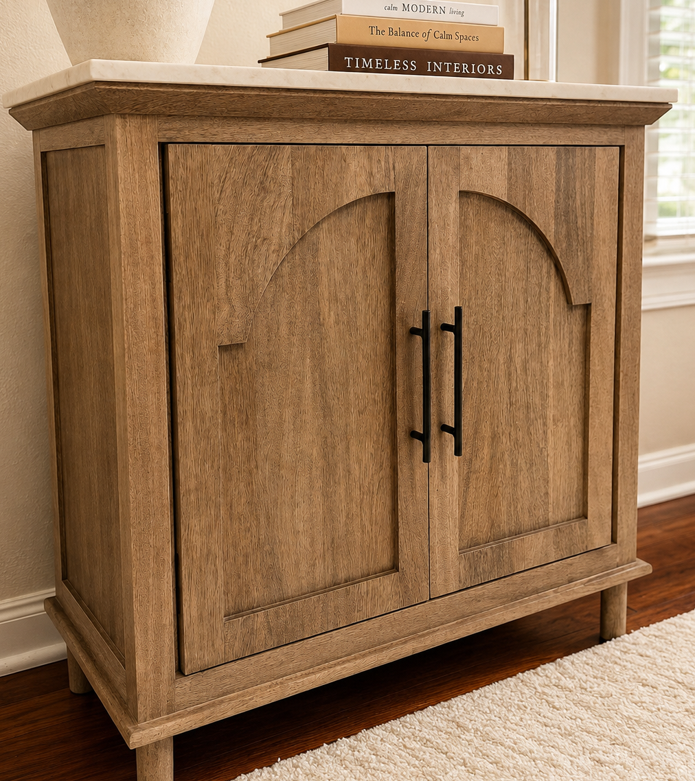 Arched Sideboard Cabinet,
My cabinet is from HomeGoods, so I’ve linked a similar option with the same warm wood finish and architectural detailing.
Shop a similar cabinet →