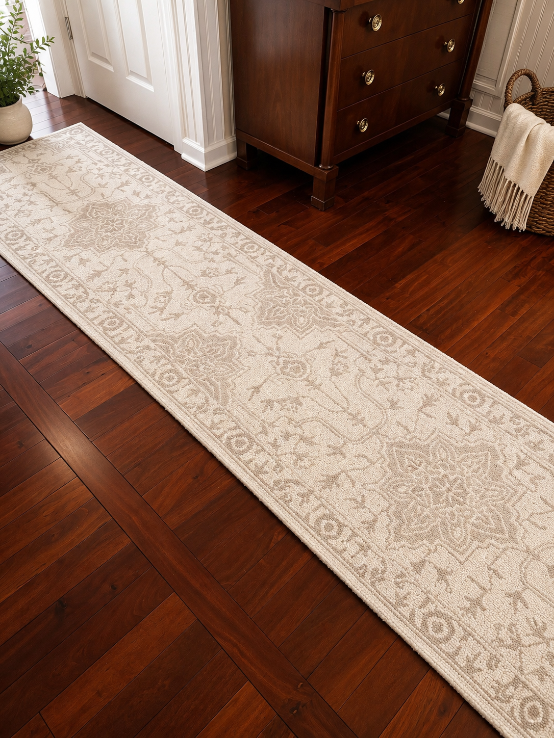 Safavieh Metro Collection Runner Rug — Beige & Ivory,
The soft pattern and warm beige-and-ivory palette add texture to the entryway without competing with the wood floors or surrounding finishes.
Shop the runner →