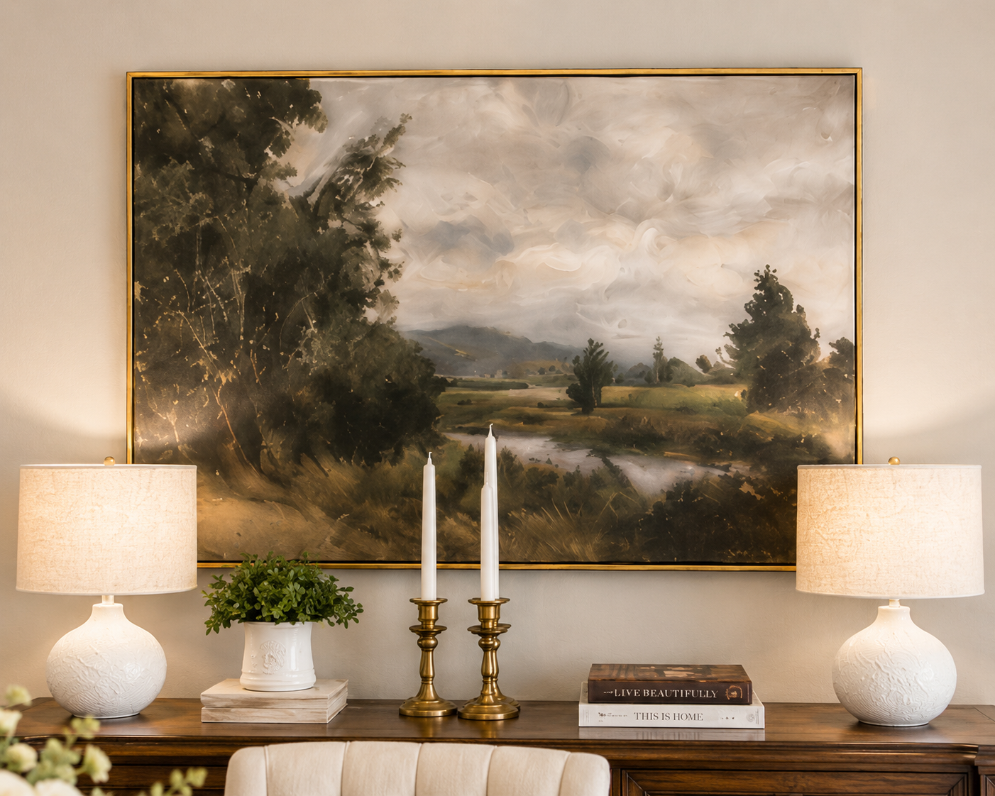 Rivers Path Landscape Artwork,
This landscape artwork sets the tone for our dining room. I love the muted colors and traditional feel, and how beautifully it works with the warm wood and brass throughout the space.
Shop the artwork →