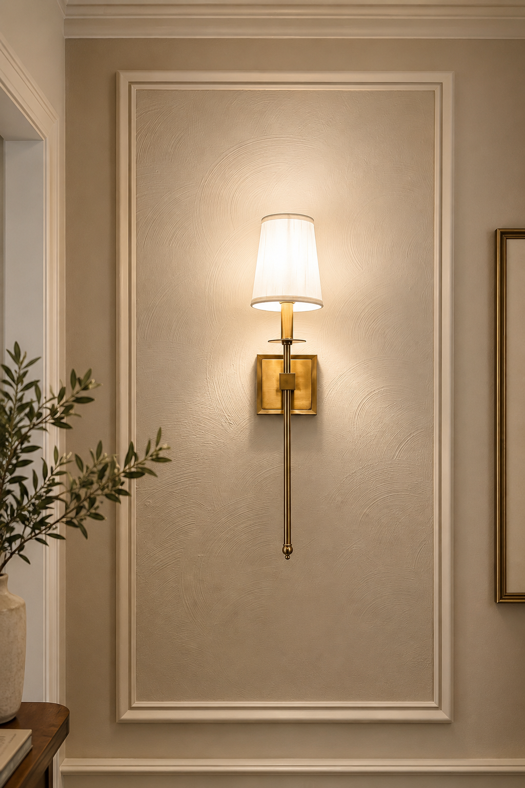 Savoy House Wall Sconce,
The warm brass finish and tailored shade add another layer of light while complementing the traditional details throughout the entryway.
Shop the wall sconce →
