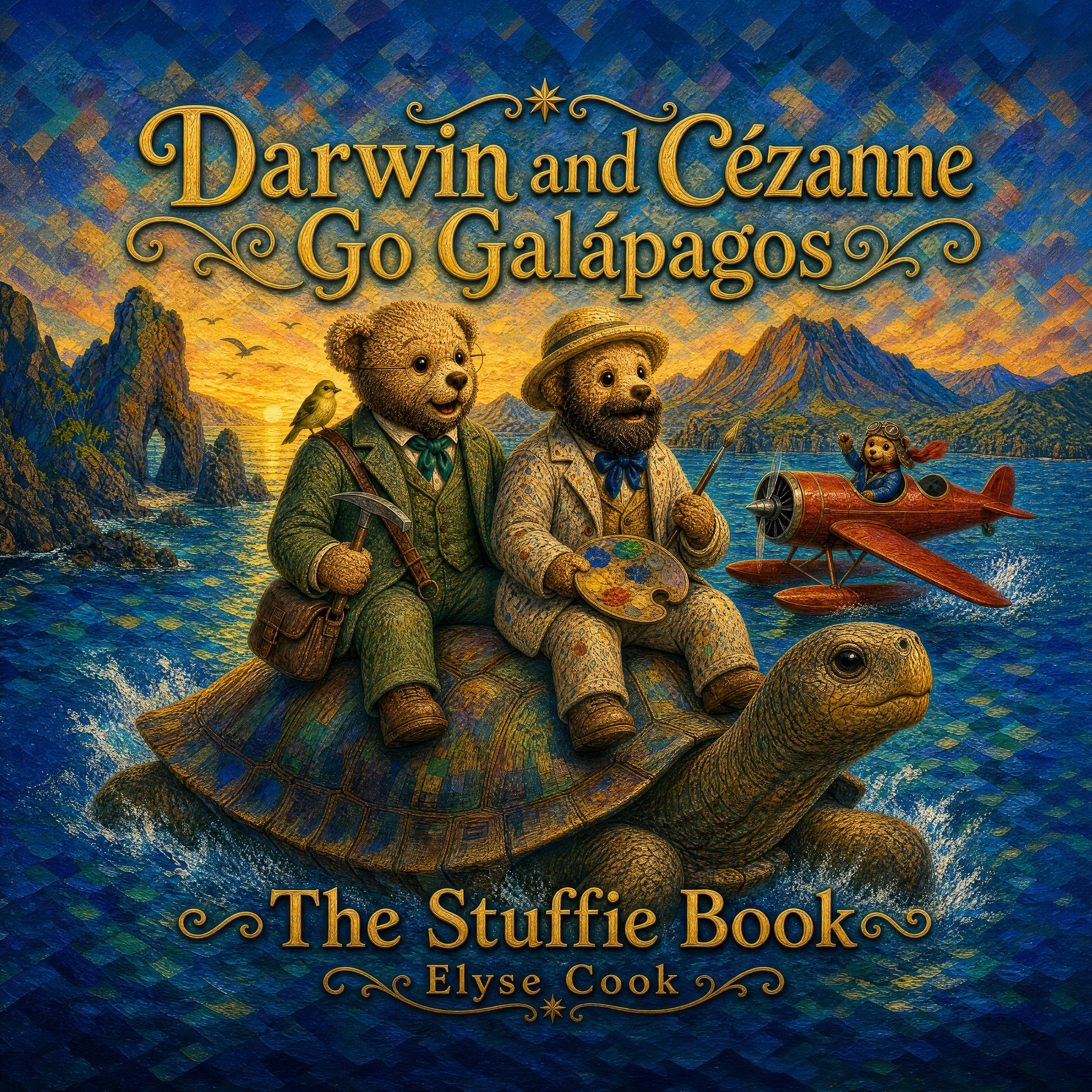 Book cover titled 'Darwin and Cezanne: Go Galápagos'. Features animated animals dressed in explorer clothes, with mountains, water, and a sunset in the background.