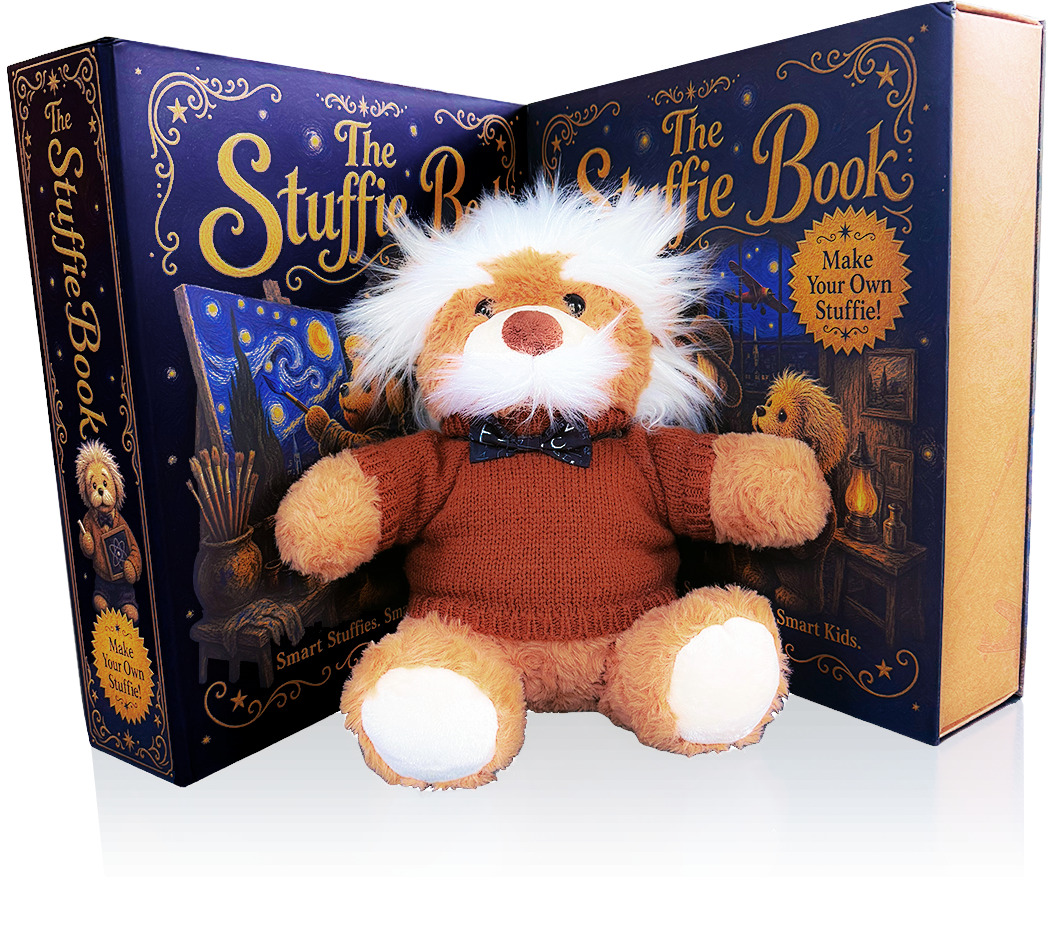 A soft plush Einstein Teddy Bear with white hair and mustache, wearing a red-brown sweater with a black bow tie, sitting in front of a book box labeled 'The Stuffie Book'.