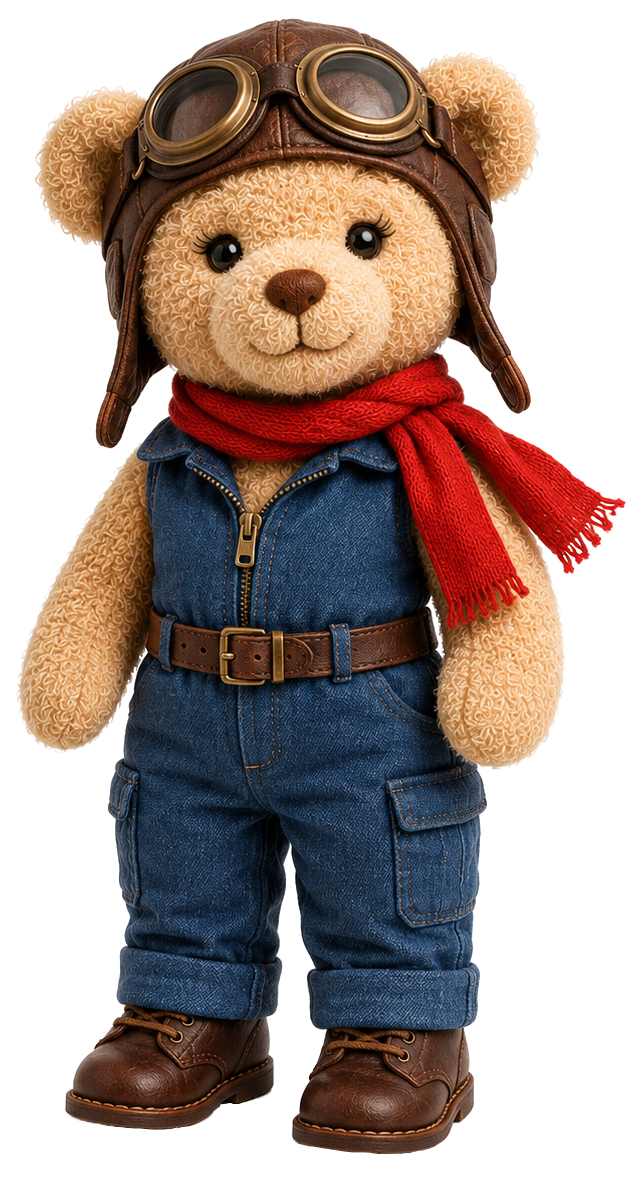 A plush teddy bear dressed as a pilot, wearing aviator goggles, a leather flight helmet, a red scarf, a denim jumpsuit, a brown belt, and brown boots.