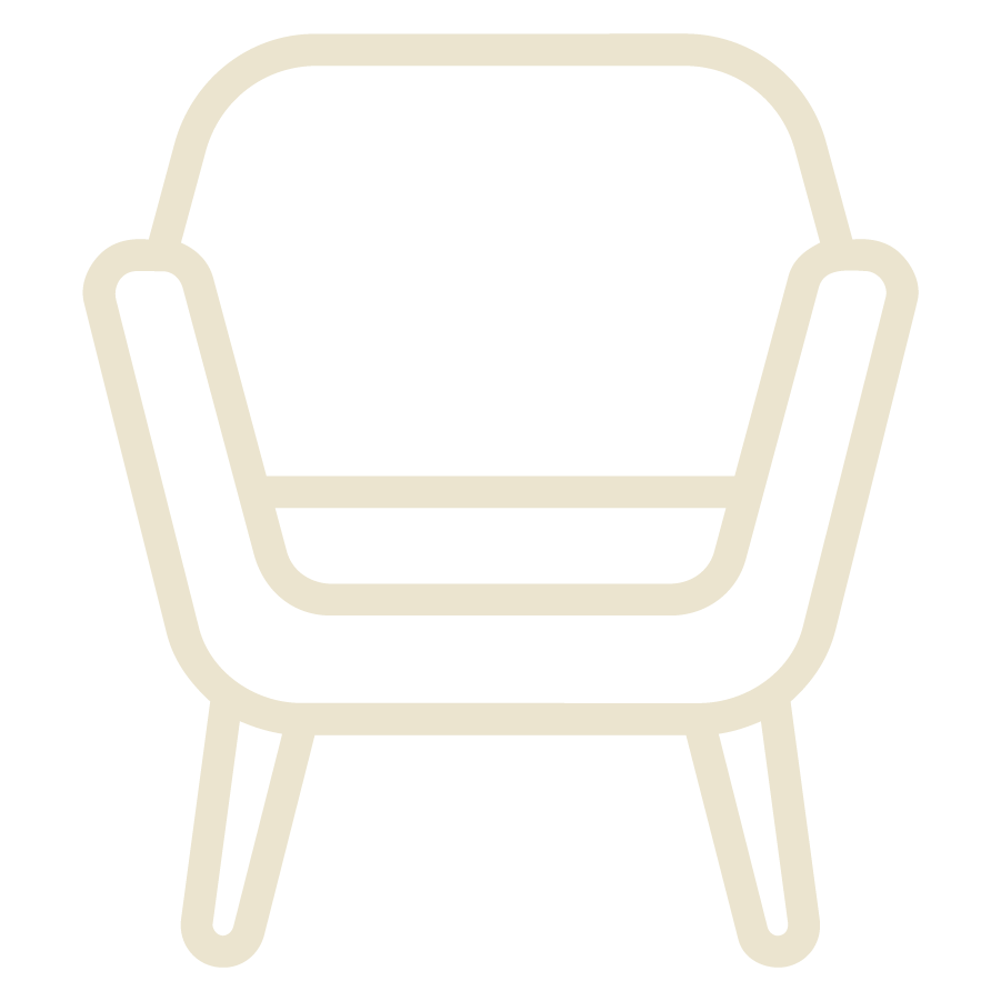 Line drawing of a modern armchair with wooden legs and armrests.
