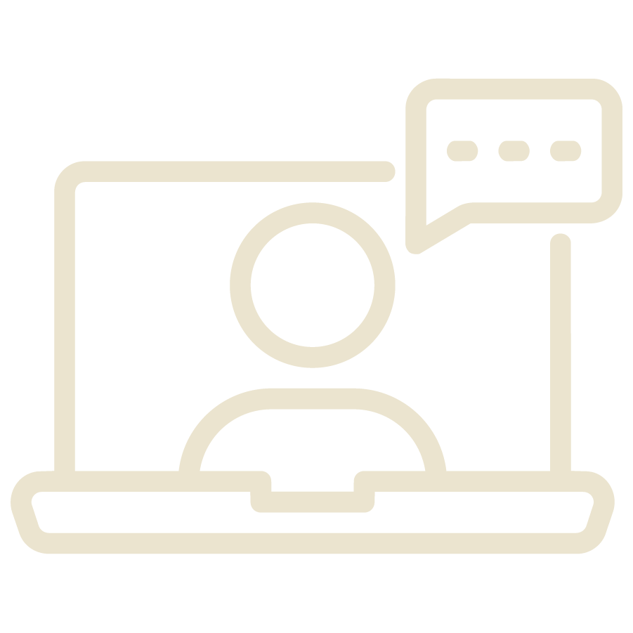 Outline of a person on a laptop screen with a speech bubble indicating communication or chat.