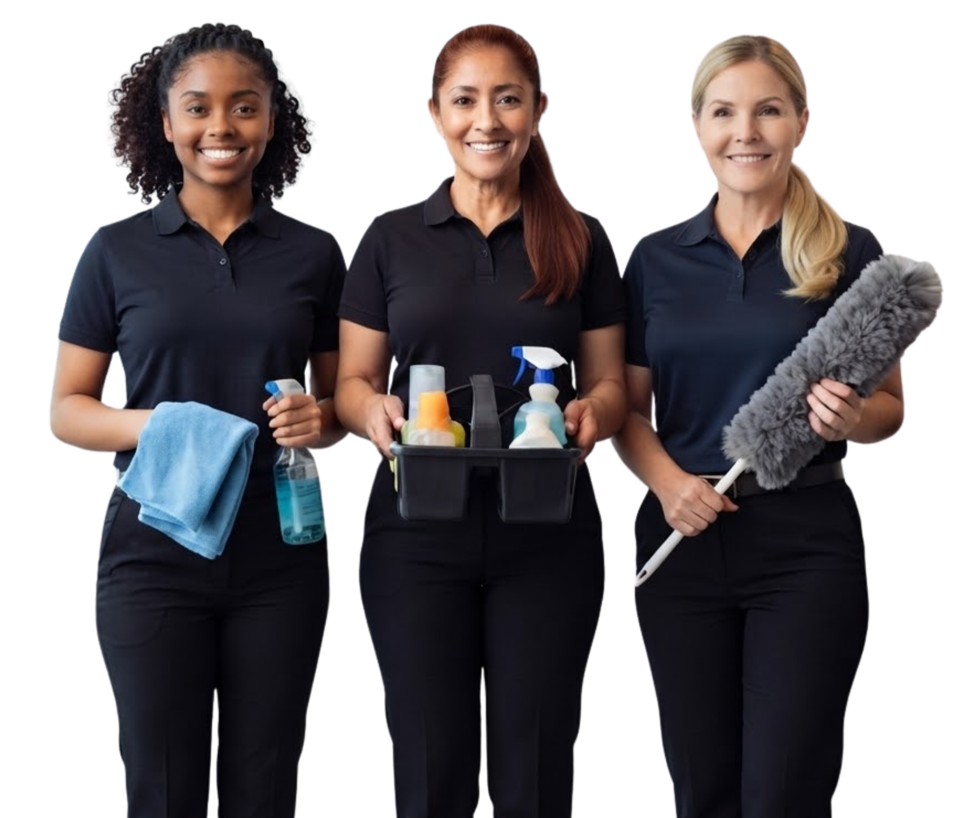 Three women wearing black uniforms smiling, holding cleaning supplies, with one holding a fluffy gray cleaning cloth, in a cleaning or janitorial setting.