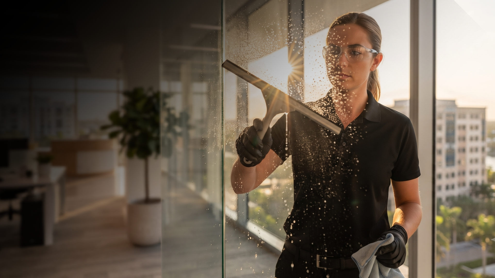 A woman cleaning a large glass window with a squeegee in an office space during sunset.