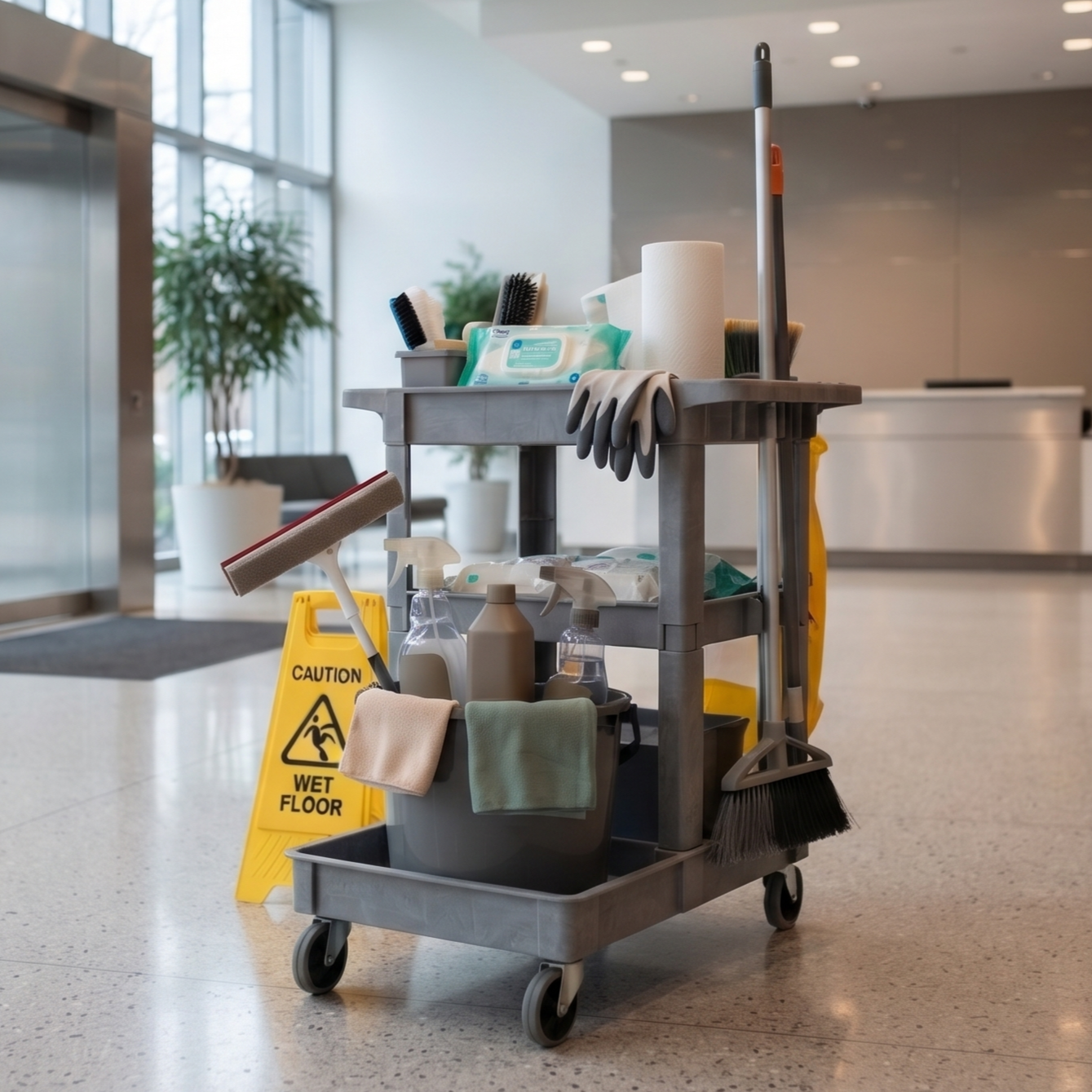 A janitorial cart filled with cleaning supplies, including gloves, spray bottles, cloths, a mop, broom, and caution wet floor sign, located in a brightly lit, modern interior space.