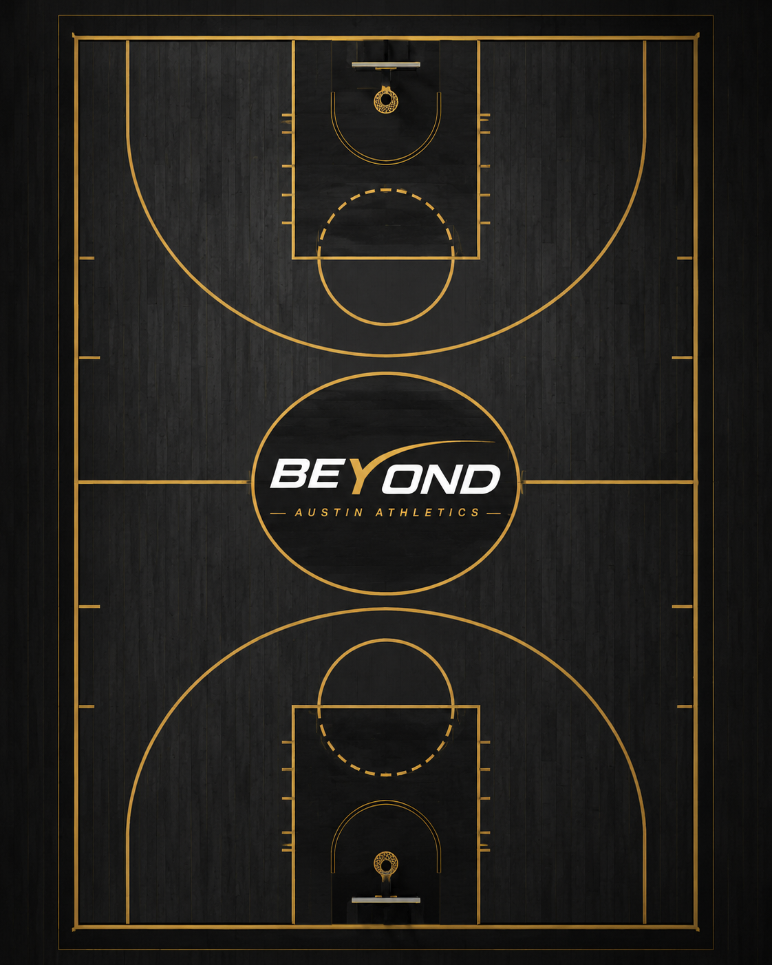 An aerial view of a basketball court with black flooring and gold lines, featuring the logo 'BEYOND AUSTIN ATHLETICS' at the center.